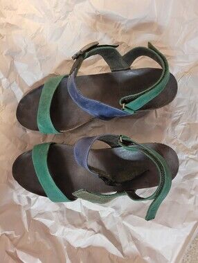 Naot Alpha wedges feature color-blocked blue and green suede straps Size 42